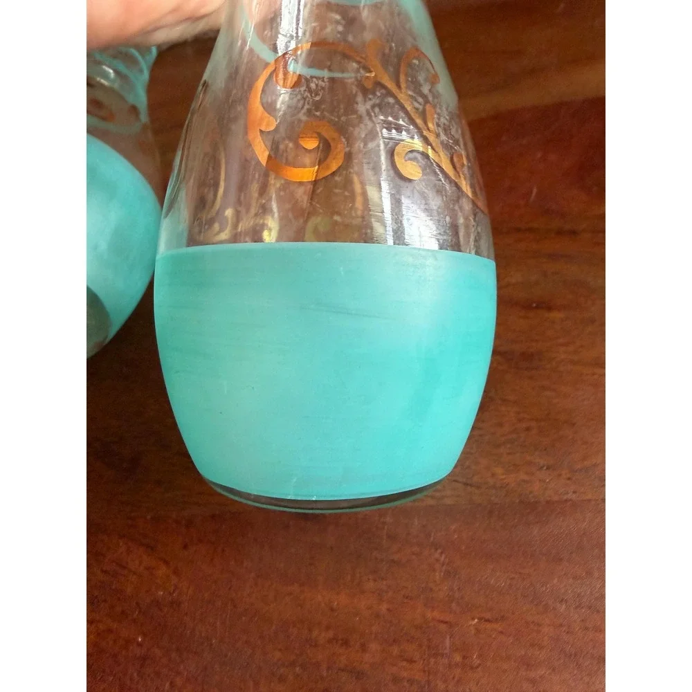 Vintage Midcentury Art Glass Vases – Aqua Spiral Swirl, Gold Scroll Accents